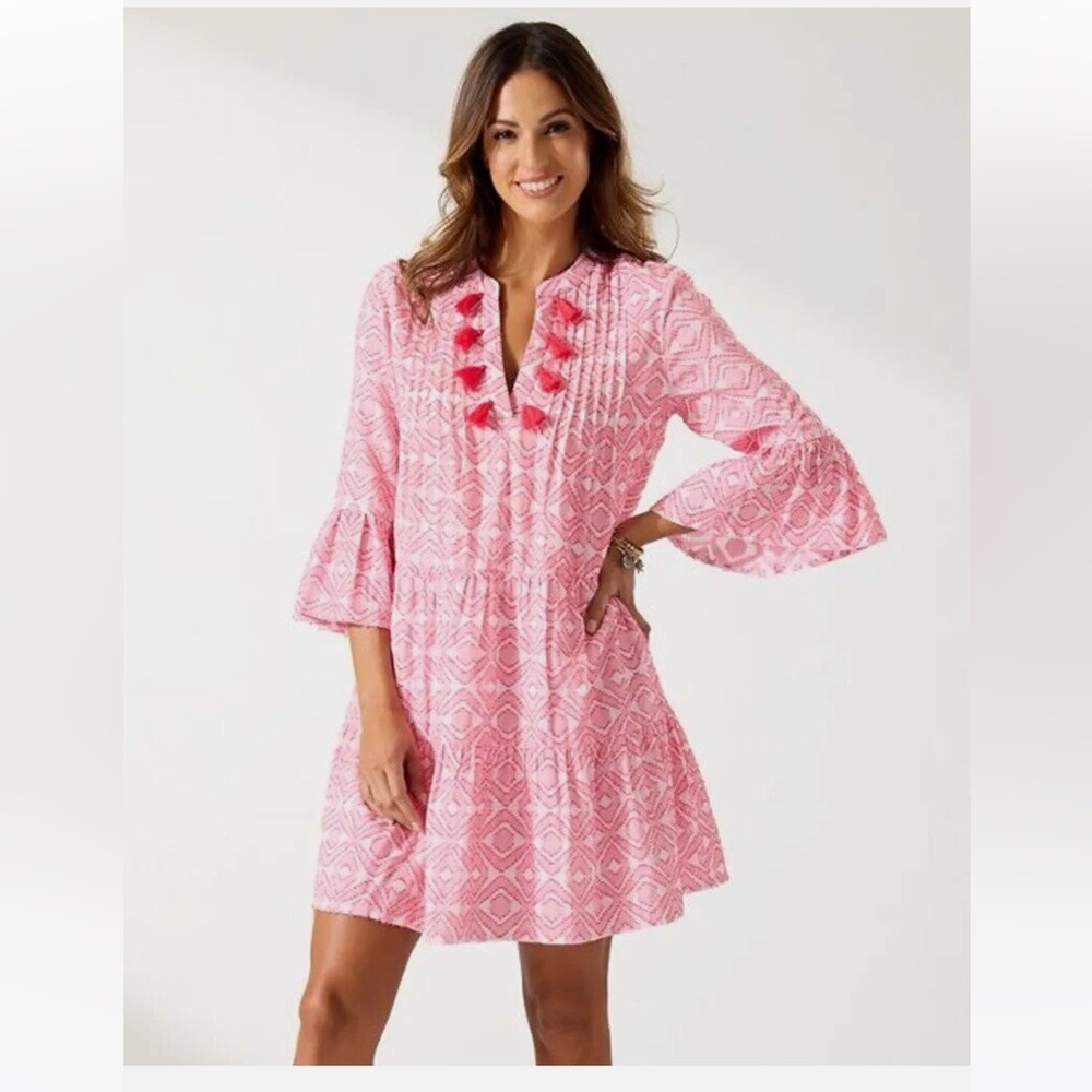 Tommy Bahama Diamond Clip Jacquard 3/4 Bell Sleeve Dress Coral Coast Tassel M